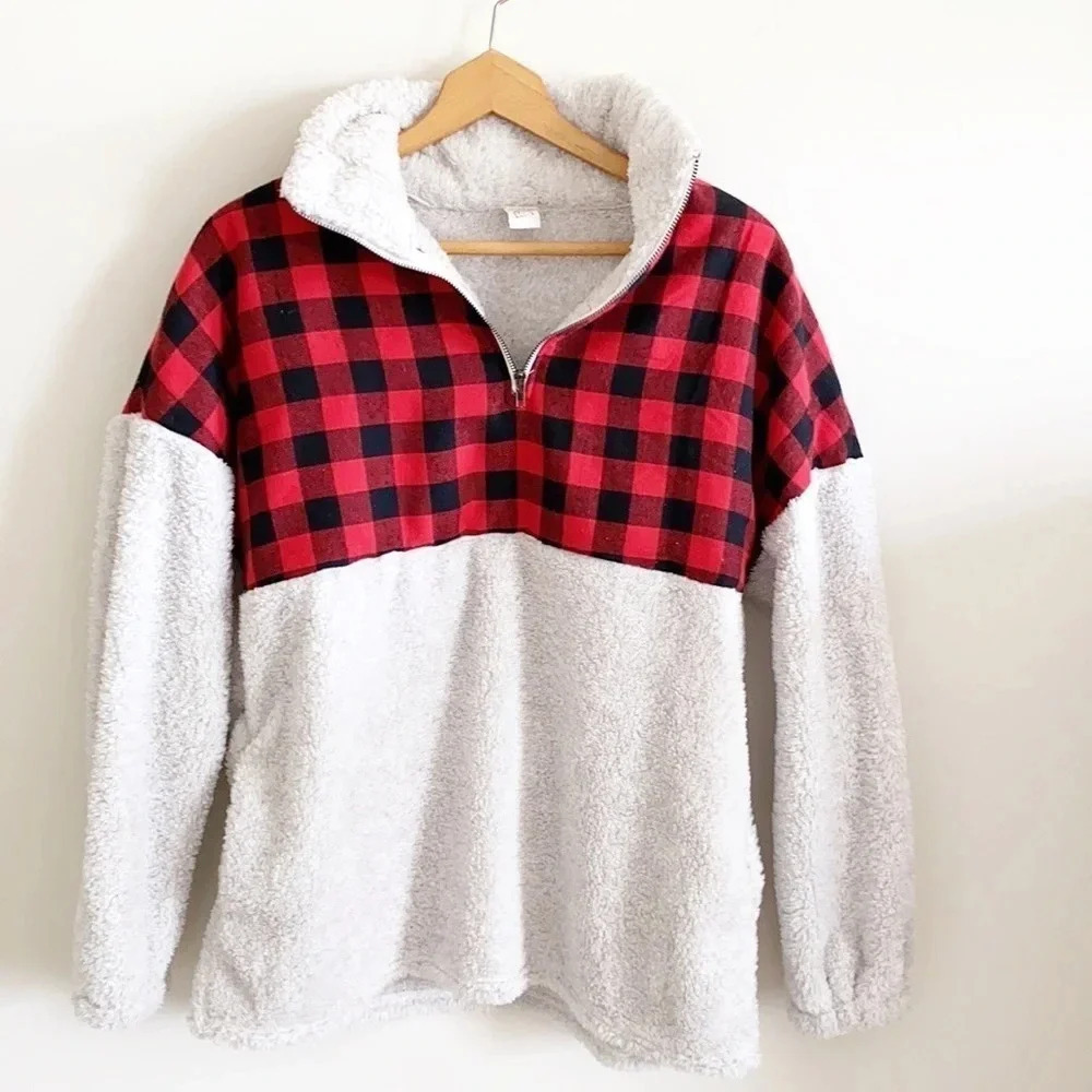 Buffalo Plaid holiday Christmas oversized Sherpa Quarter Zip Pullover sz small